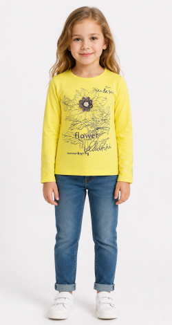 Girls yellow sweatshirt with floral rhinestone and pearl print