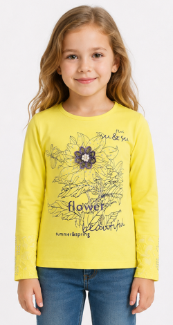 Girls yellow sweatshirt with floral rhinestone and pearl print
