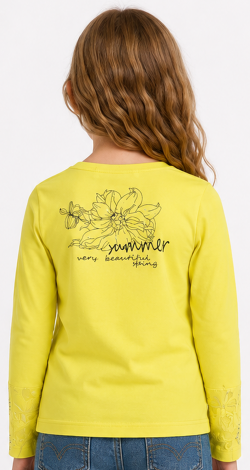 Girls yellow sweatshirt with floral rhinestone and pearl print