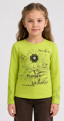 Girls green sweatshirt with floral rhinestone print