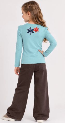 Girls turquoise sweatshirt with floral appliqué and rhinestones
