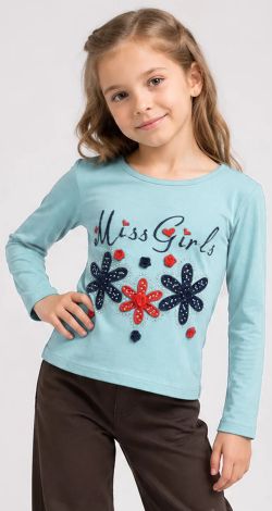 Girls turquoise sweatshirt with floral appliqué and rhinestones