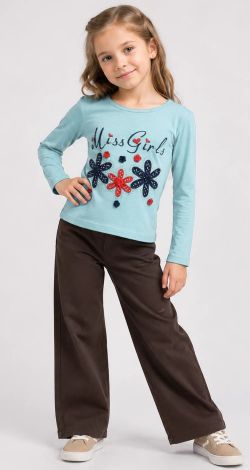 Girls turquoise sweatshirt with floral appliqué and rhinestones
