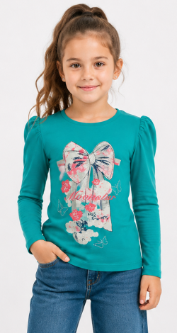 Girls turquoise sweatshirt with rhinestone bow print