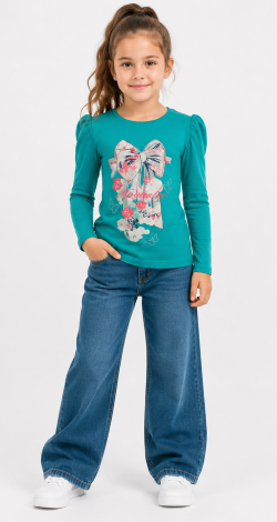 Girls turquoise sweatshirt with rhinestone bow print