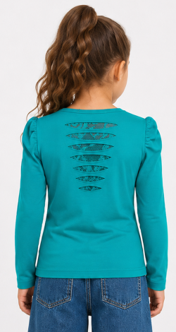 Girls turquoise sweatshirt with rhinestone bow print