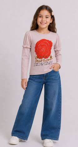 Girls powder sweatshirt with rhinestone rose print