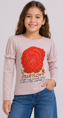 Girls powder sweatshirt with rhinestone rose print