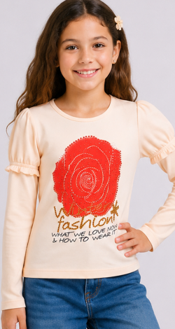 Girls peach sweatshirt with rhinestone rose print