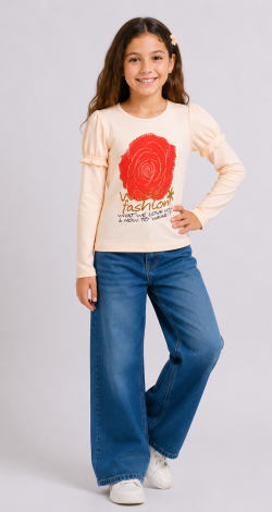 Girls peach sweatshirt with rhinestone rose print