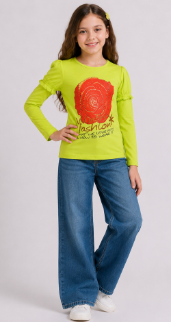Girls lime sweatshirt with rhinestone rose print