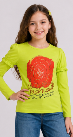 Girls lime sweatshirt with rhinestone rose print