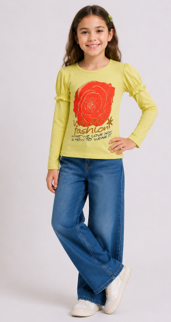 Girls yellow sweatshirt with rhinestone rose print