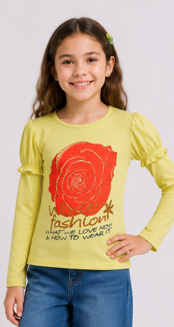 Girls yellow sweatshirt with rhinestone rose print