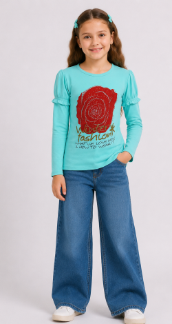 Girls sea wave sweatshirt with rhinestone rose print