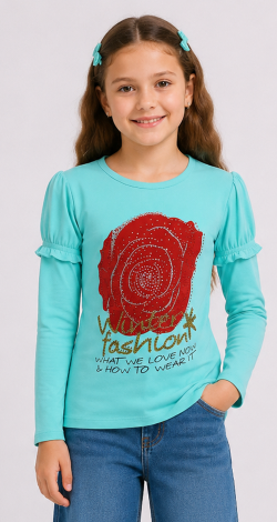 Girls sea wave sweatshirt with rhinestone rose print