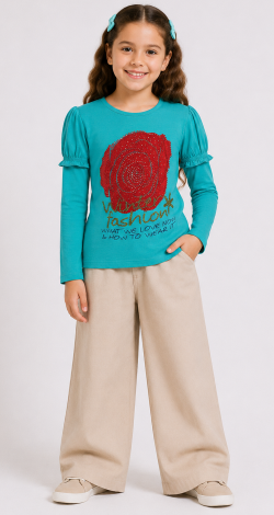 Girls turquoise sweatshirt with rhinestone rose print