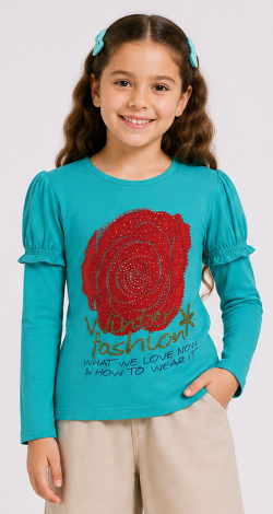 Girls turquoise sweatshirt with rhinestone rose print