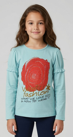 Girls light denim sweatshirt with rhinestone rose print