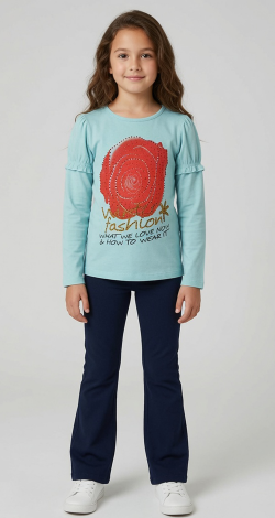 Girls light denim sweatshirt with rhinestone rose print