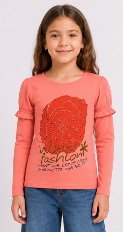 Girls coral sweatshirt with rhinestone rose print