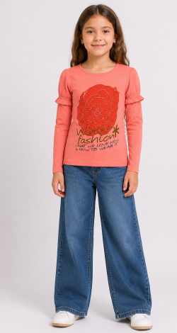 Girls coral sweatshirt with rhinestone rose print