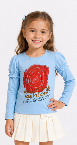 Girls blue sweatshirt with rhinestone rose print