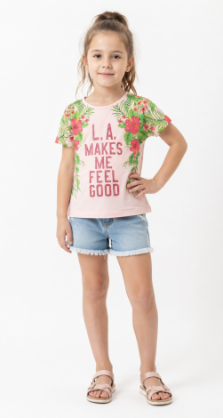Girls powder t-shirt with floral and rhinestone print