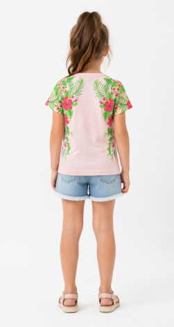 Girls powder t-shirt with floral and rhinestone print