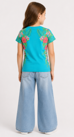 Girls turquoise t-shirt with floral and rhinestone print