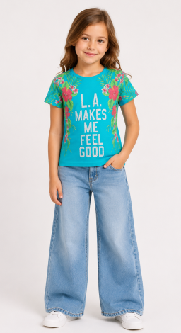 Girls turquoise t-shirt with floral and rhinestone print