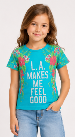 Girls turquoise t-shirt with floral and rhinestone print