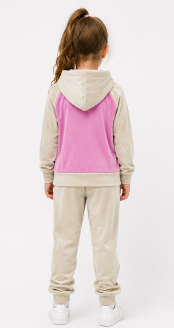 Костюм велюровий з капюшоном і кишенею кенгуру бежевий з рожевим