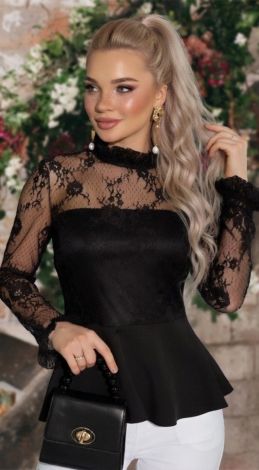 Мереживна блуза з трикотажним корсажем та баскою