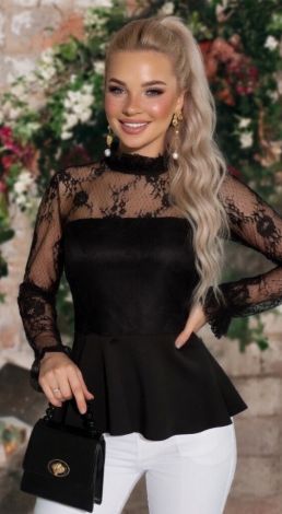 Мереживна блуза з трикотажним корсажем та баскою