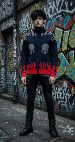 Синій кардиган на блискавці з черепами та полум'ям «Hellfire Skull»