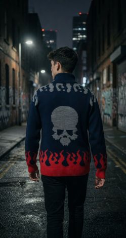 Синій кардиган на блискавці з черепами та полум'ям «Hellfire Skull»