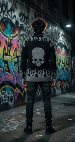 Чорний кардиган на блискавці з черепами та полум'ям «Hellfire Skull»