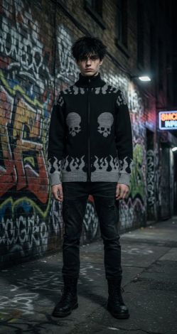 Чорний кардиган на блискавці з черепами та полум'ям «Hellfire Skull»