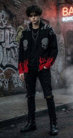 Чорний кардиган на блискавці з черепами та полум'ям «Hellfire Skull»