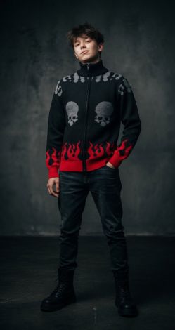 Чорний кардиган на блискавці з черепами та полум'ям «Hellfire Skull»