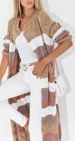 Ажурный кардиган с карманами в полоску